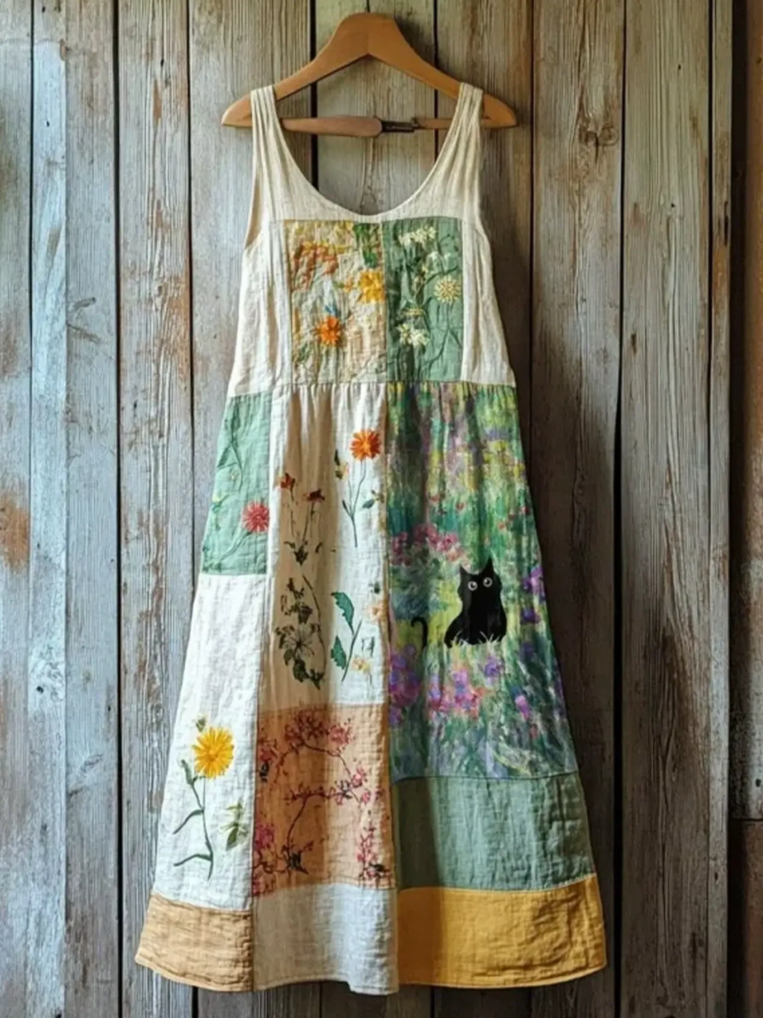 Women's Floral And Cat-print Artistic Print Round-neck Sleeveless Casual Dress