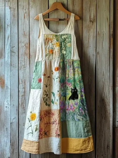 Women's Floral And Cat-print Artistic Print Round-neck Sleeveless Casual Dress