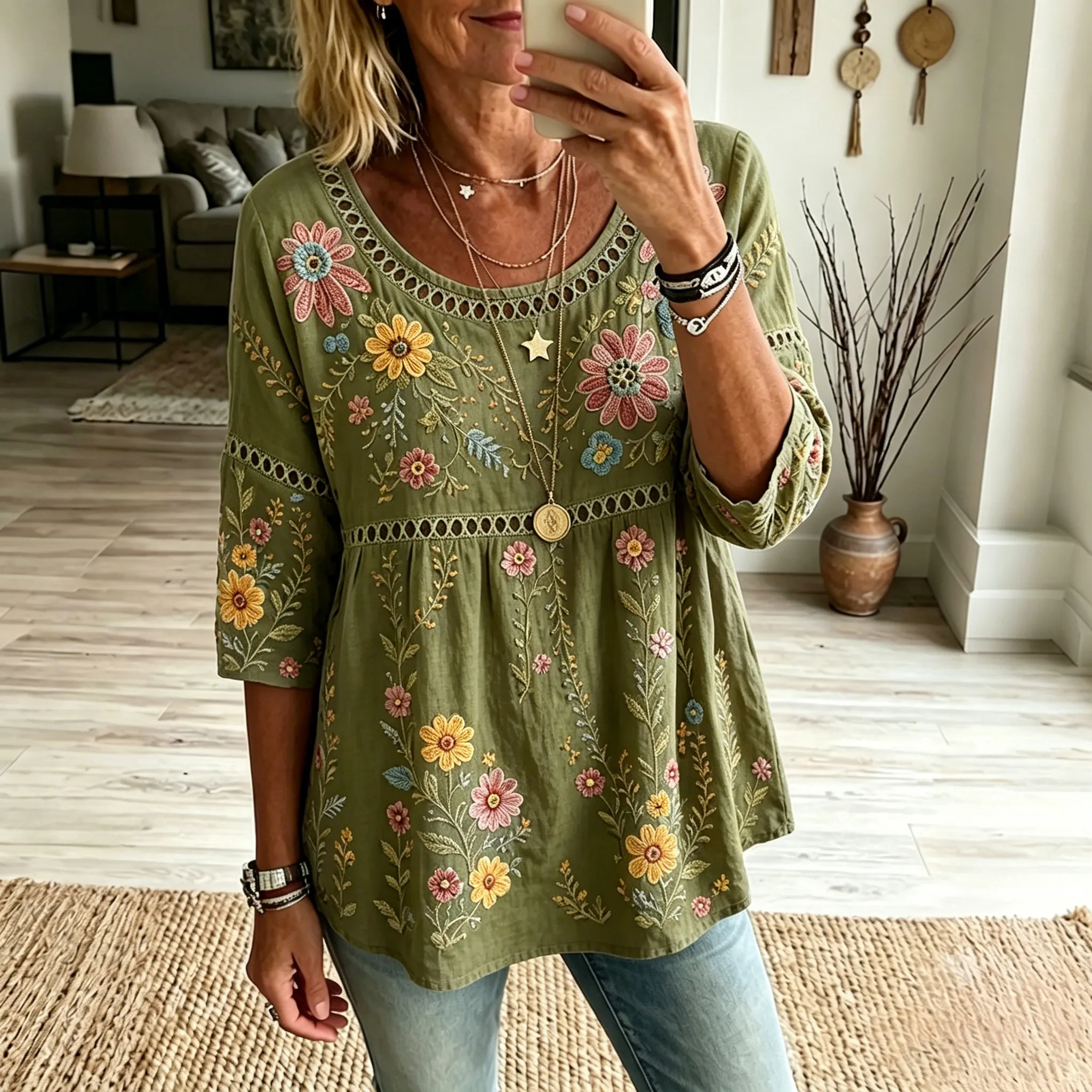 Women's Vintage Floral Art Print Flowy Linen Blend Linen Blend Three-quarter Sleeve Casual Tops