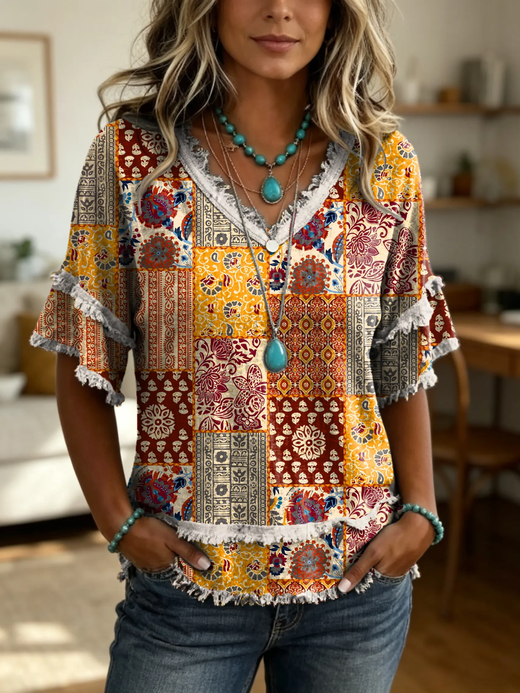 Women's Vintage Ethnic Floral Print V-neck Frayed-edge Short-sleeve Top