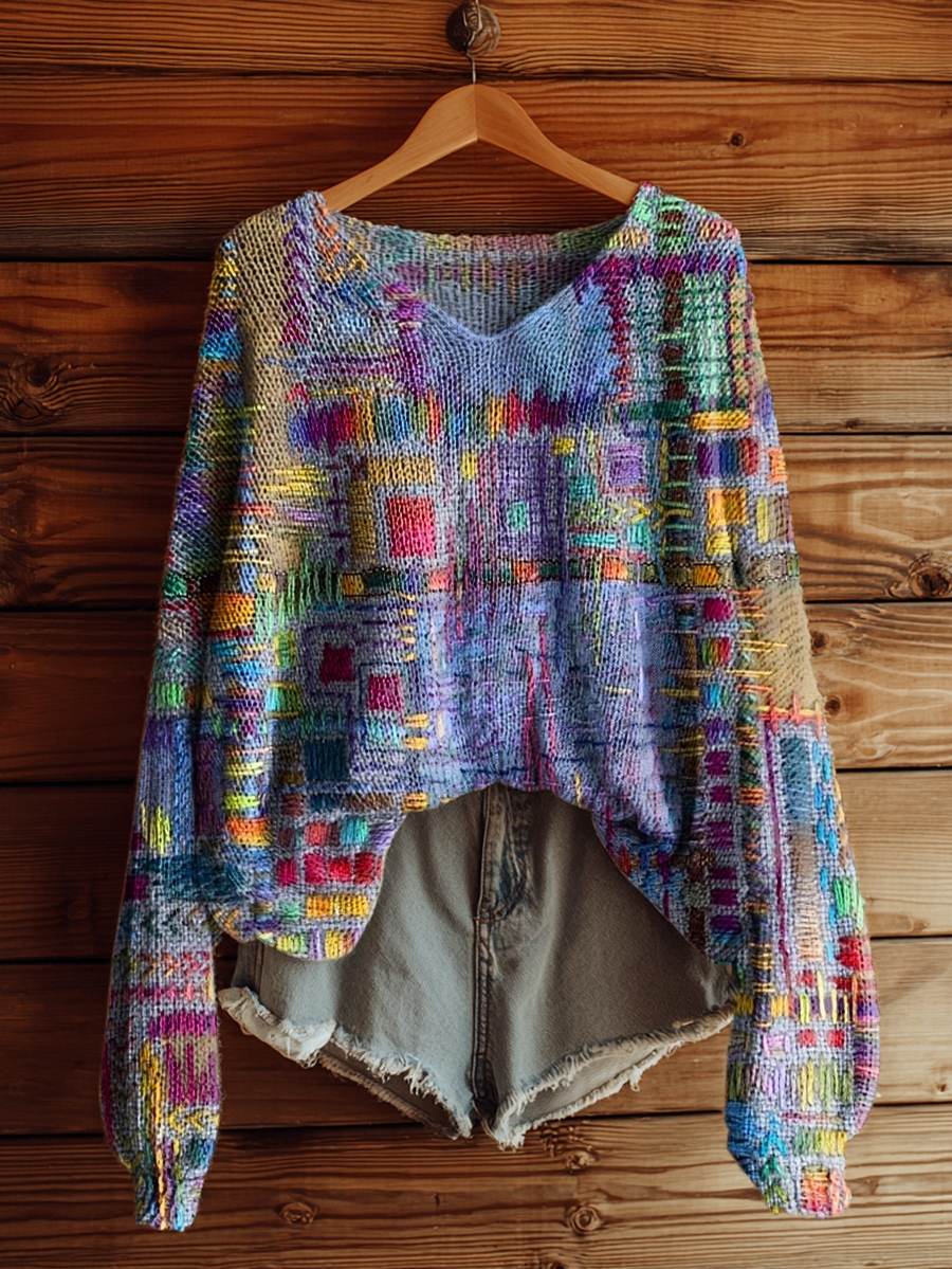 Women's Retro Ethnic Patchwork Art Pattern Print Casual V Neck Pullover Sweater