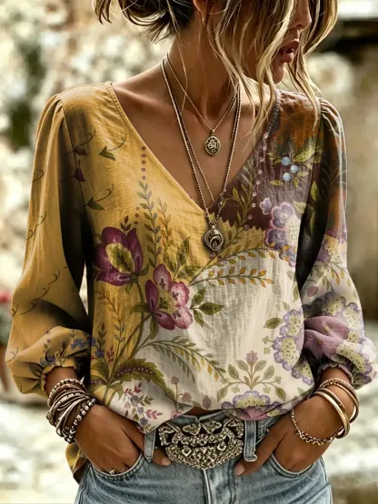 Women's Botanical Floral Print V-Neck Casual Blouse