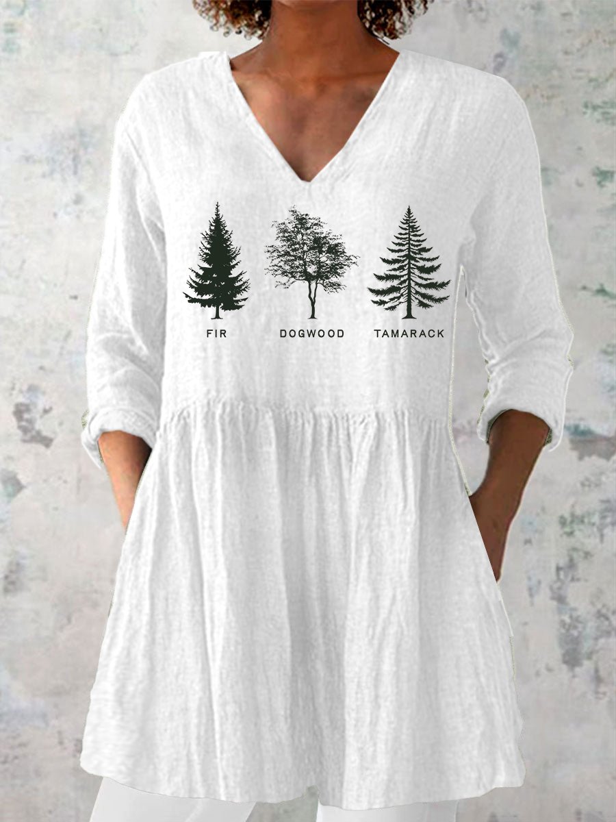 Women's Casual Tree Fdt Printed Cotton And Linen Top