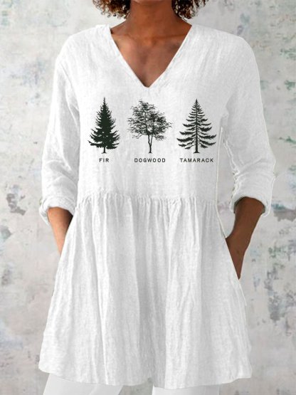 Women's Casual Tree Fdt Printed Cotton And Linen Top
