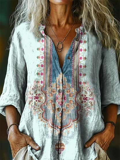Women's Vintage Ethnic Tattoo Pattern Art Print Casual Cotton Linen Shirt