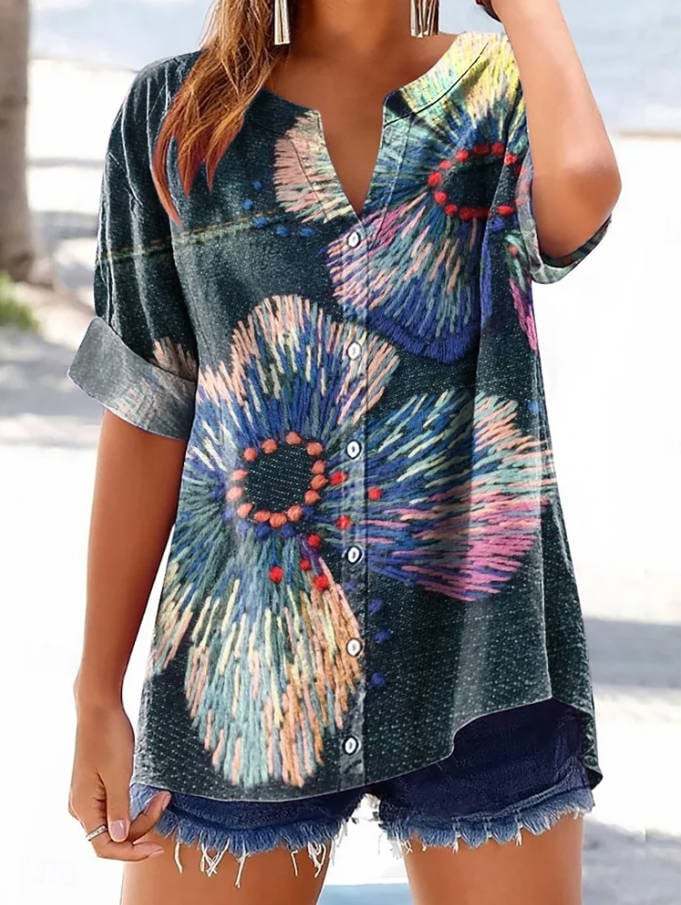 Women's Retro Casual Floral Cotton and Linen Top