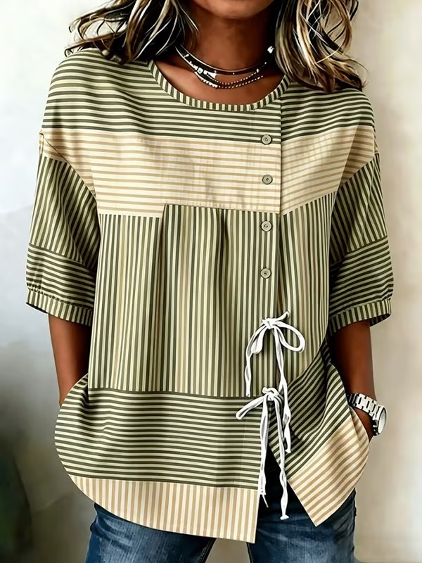 Women's Casual Round-Neck Printed Cotton-Linen Top