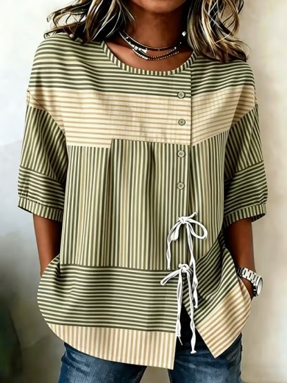 Women's Casual Round-Neck Printed Cotton-Linen Top
