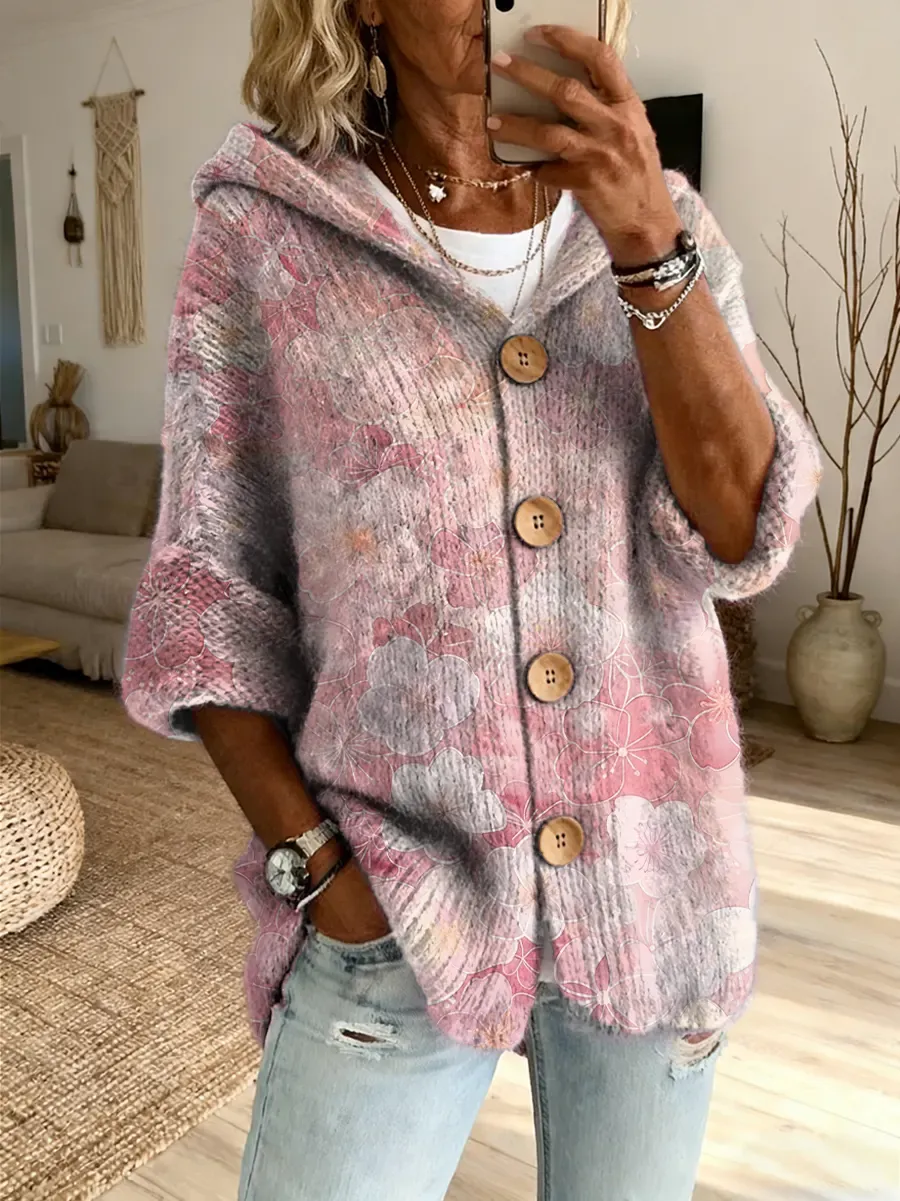 Ethnicity Colorful Flowers Women's Art Print Casual Hooded Cardigan Sweater