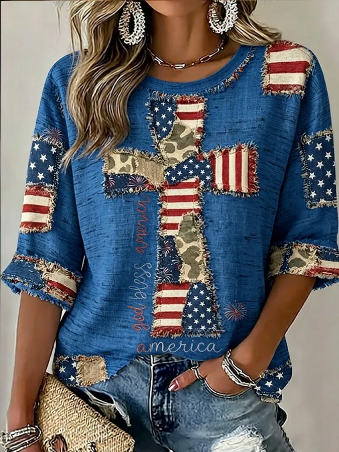 Women'S Flag, Faith, Art, Seven Quarter Sleeve Round Neck Linen Top