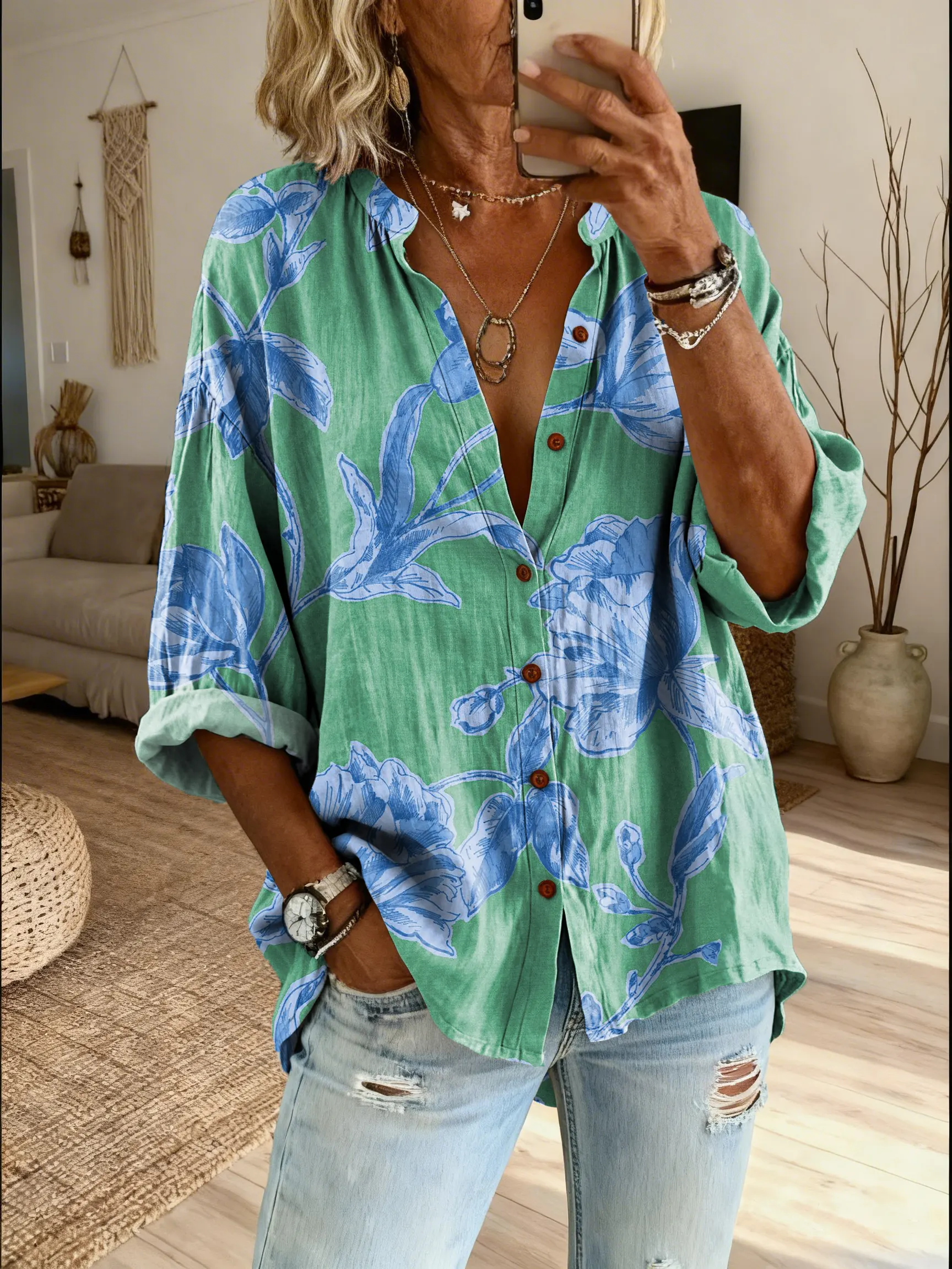 Women's Retro Blue Floral Art Print Casual Cotton Linen Shirt