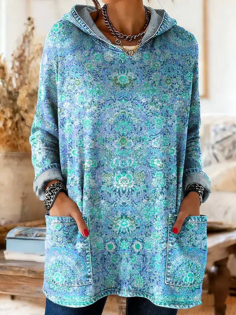 Women's Ethnic Art Print Hooded Pocket Cotton Denim Top