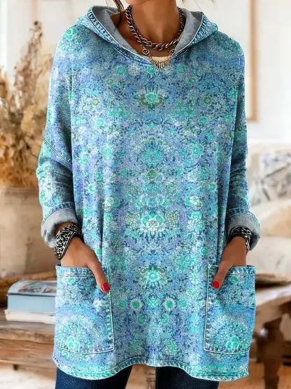 Women's Ethnic Art Print Hooded Pocket Cotton Denim Top