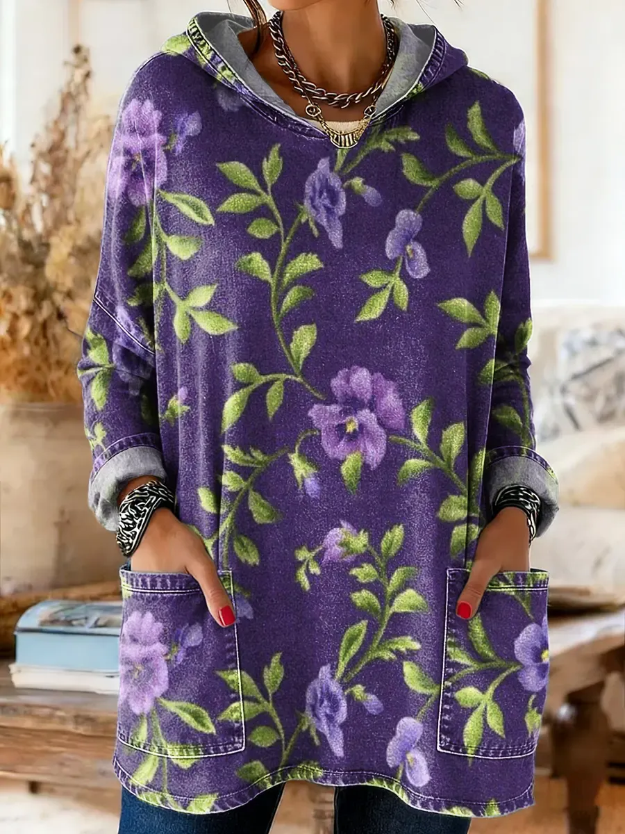 Women's Floral Print Hooded Pocket Cotton Denim Top
