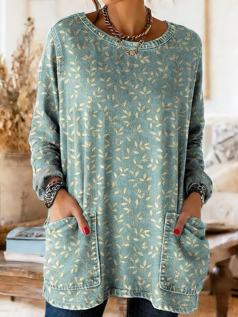 Women's Floral Art Print Crew Neck Washed Denim Cotton Pocket Top