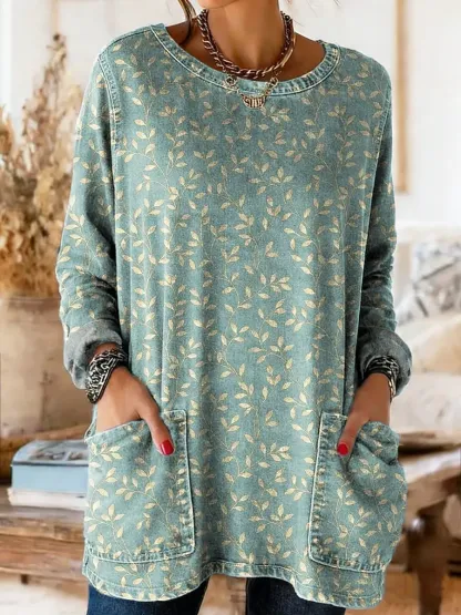 Women's Floral Art Print Crew Neck Washed Denim Cotton Pocket Top