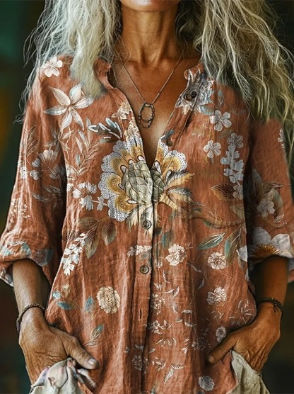 Women's Vintage Flowers Ethnic Style Art Print Casual Cotton Linen Shirt