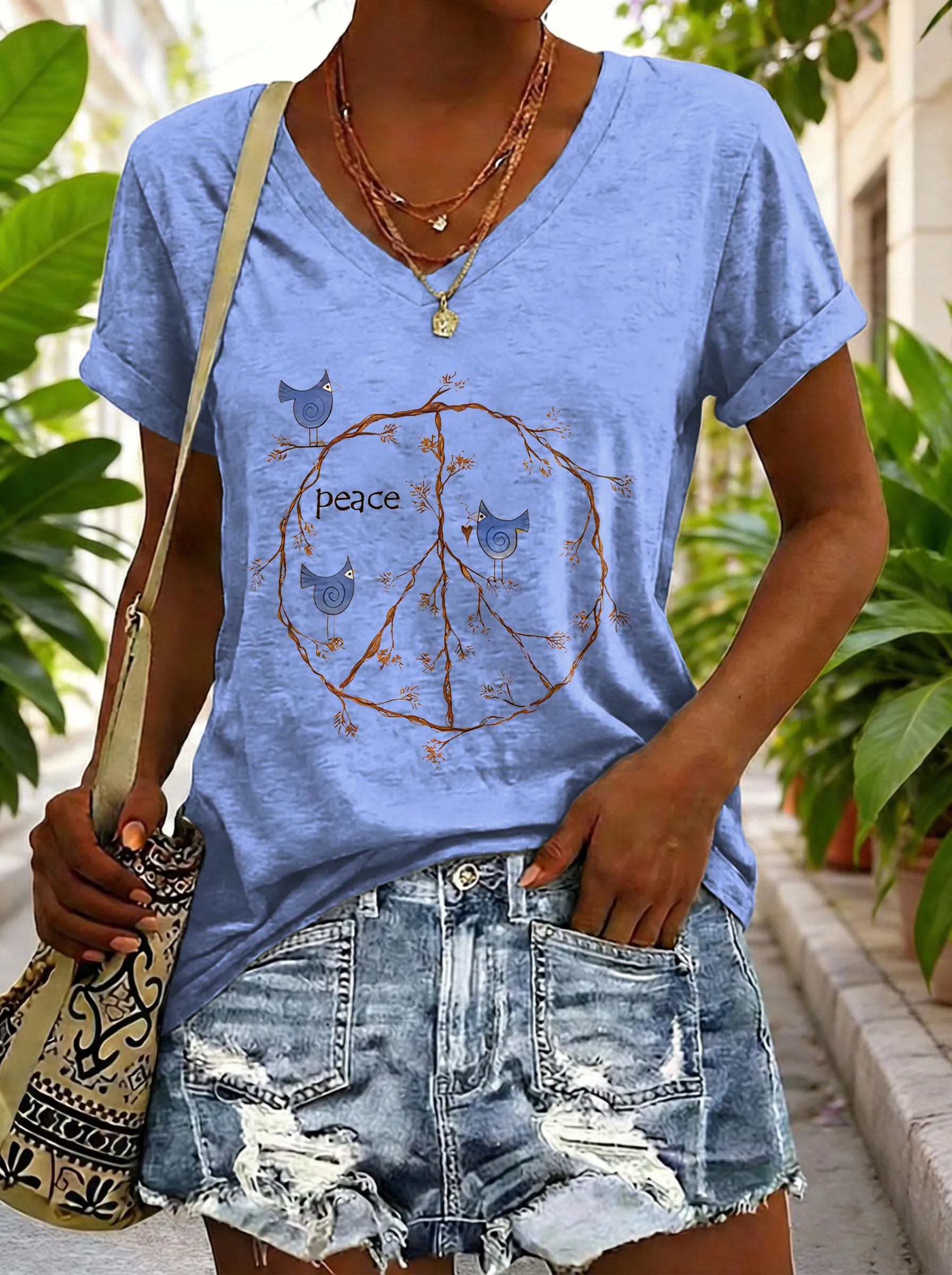 Women's Vintage Yellow Peace Sign Bird Hippie Art Print Casual V-neck Cotton T-shirt