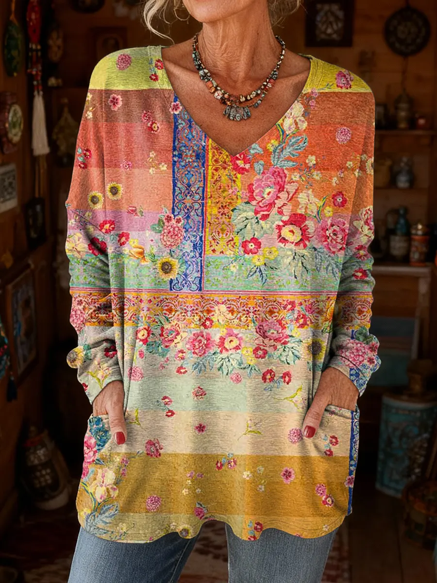 Women's Bohemian Floral Art Print Casual Long-sleeve V-neck T-shirt