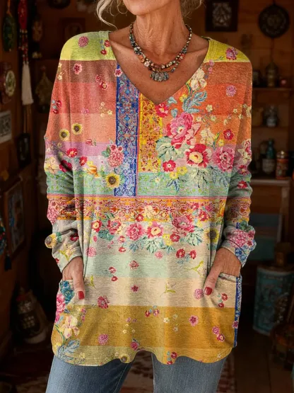 Women's Bohemian Floral Art Print Casual Long-sleeve V-neck T-shirt