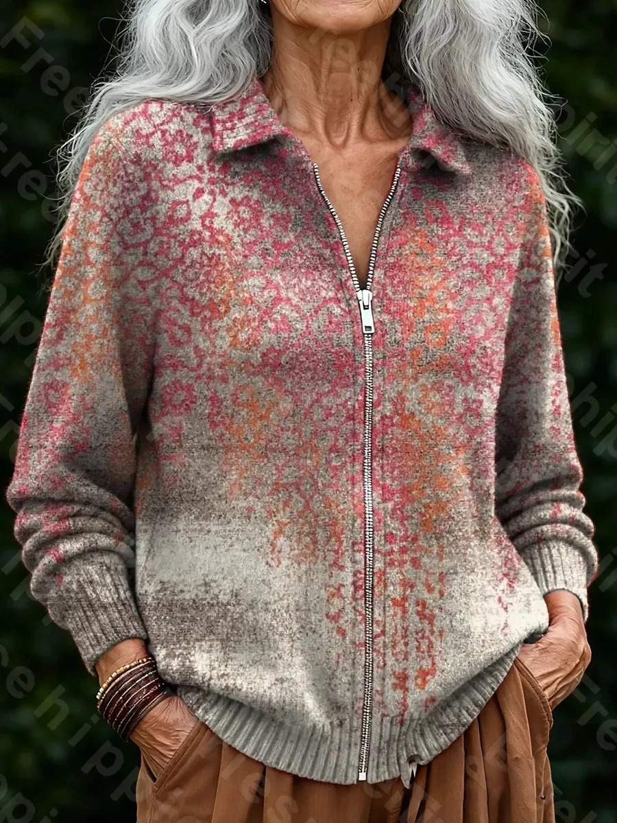 Women's Retro Ethnic Gradient Totem Art Print Casual Zipper Sweater Cardigan