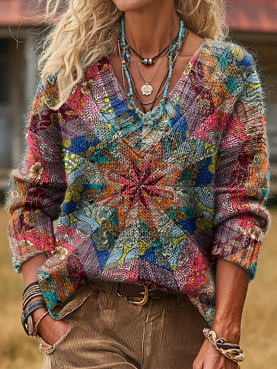 Unisex Retro Ethnic Kaleidoscope Art Print Casual Long-sleeved V-neck Wool Blend Knitted Sweater