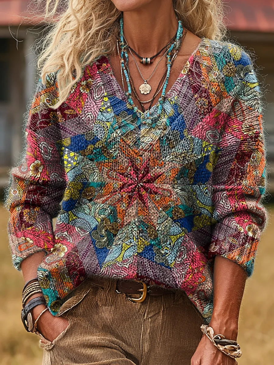 Unisex Retro Ethnic Kaleidoscope Art Print Casual Long-sleeved V-neck 
