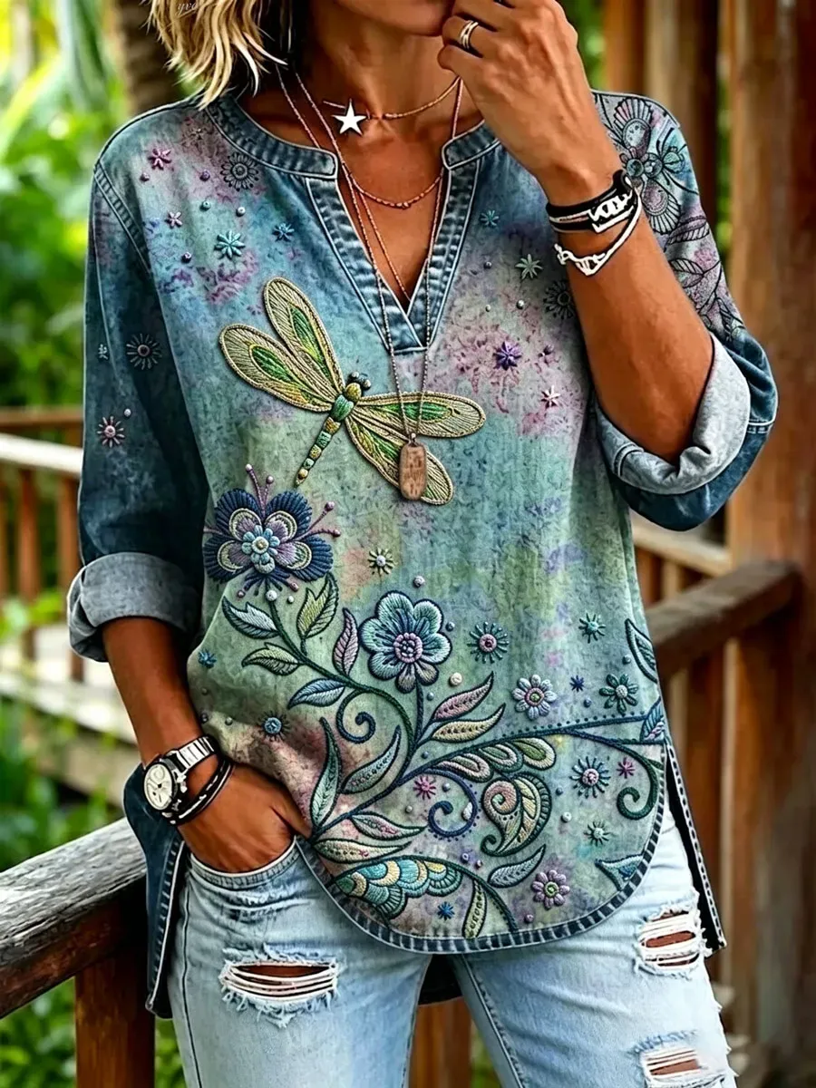 Women's Vintage Floral Print Casual V-Neck Shirt