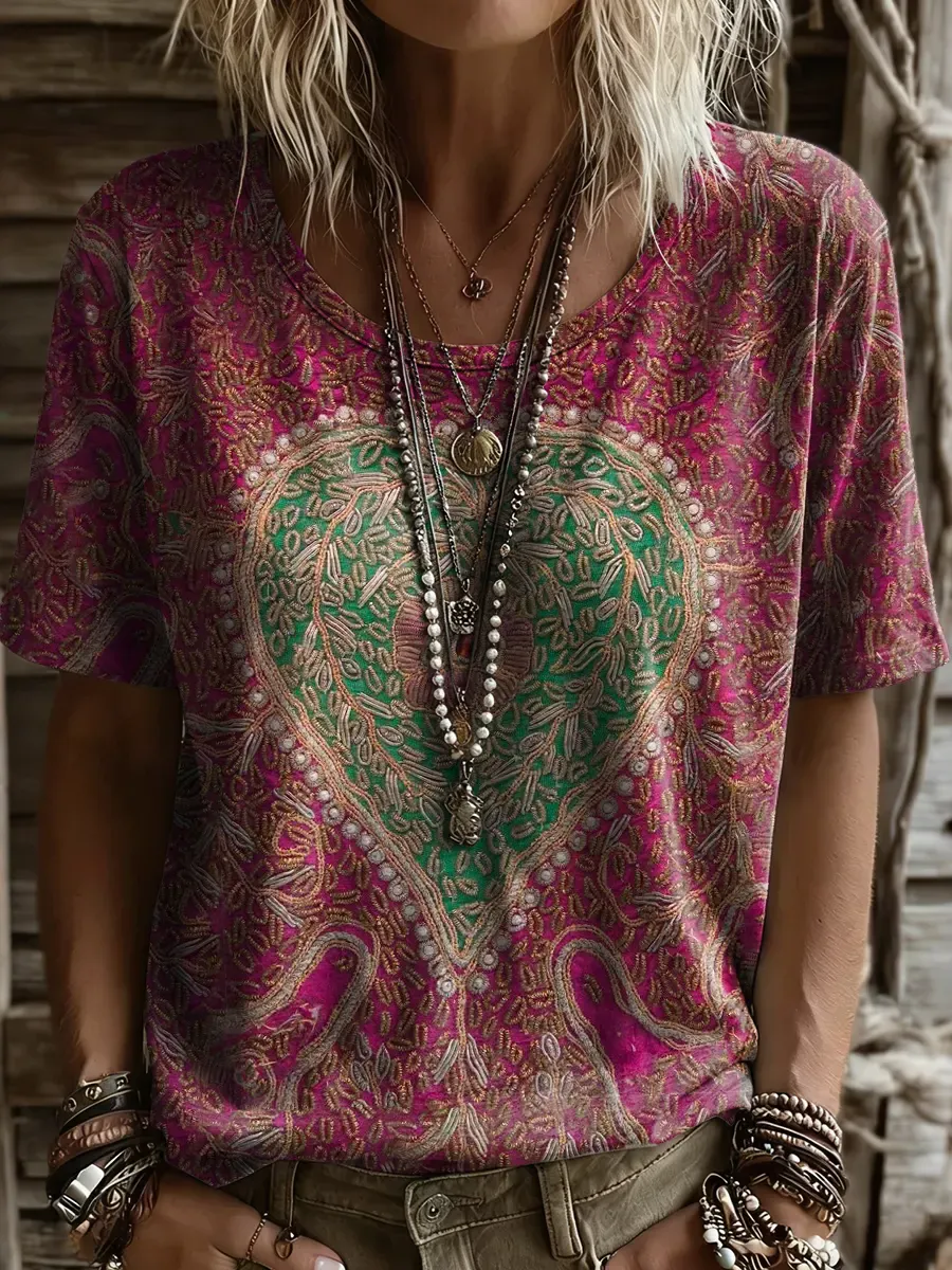 Women's Vintage Heart-print Artistic Print Round-neck Short-sleeve T-shirt
