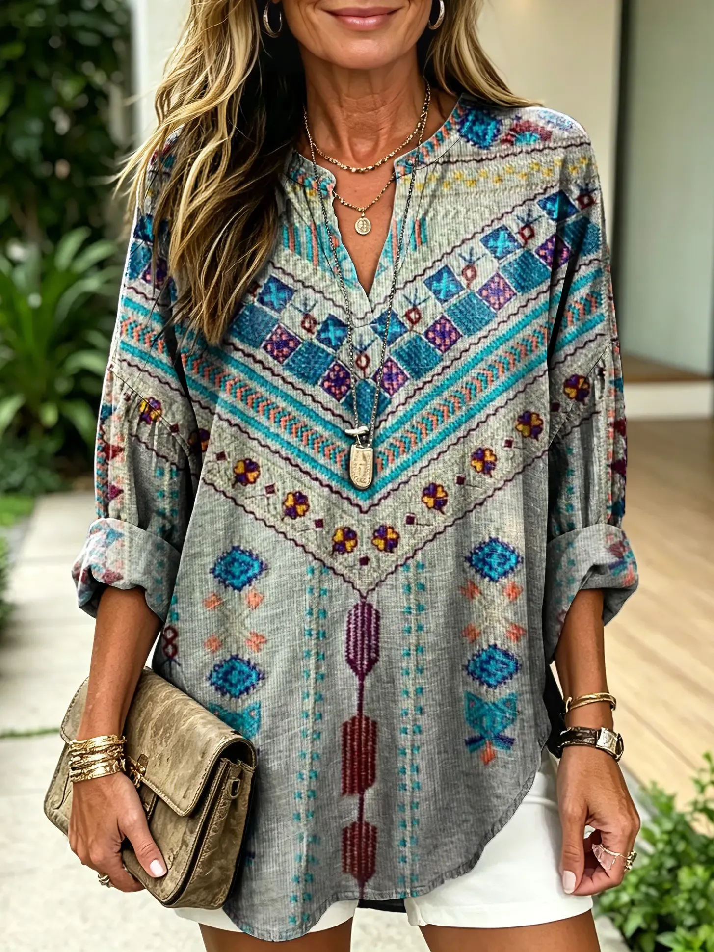 Women's Bohemian-Textured Ethnic Floral Art Print Casual Stand-Collar Shirt