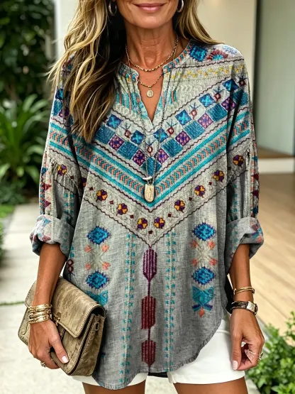 Women's Bohemian-Textured Ethnic Floral Art Print Casual Stand-Collar Shirt