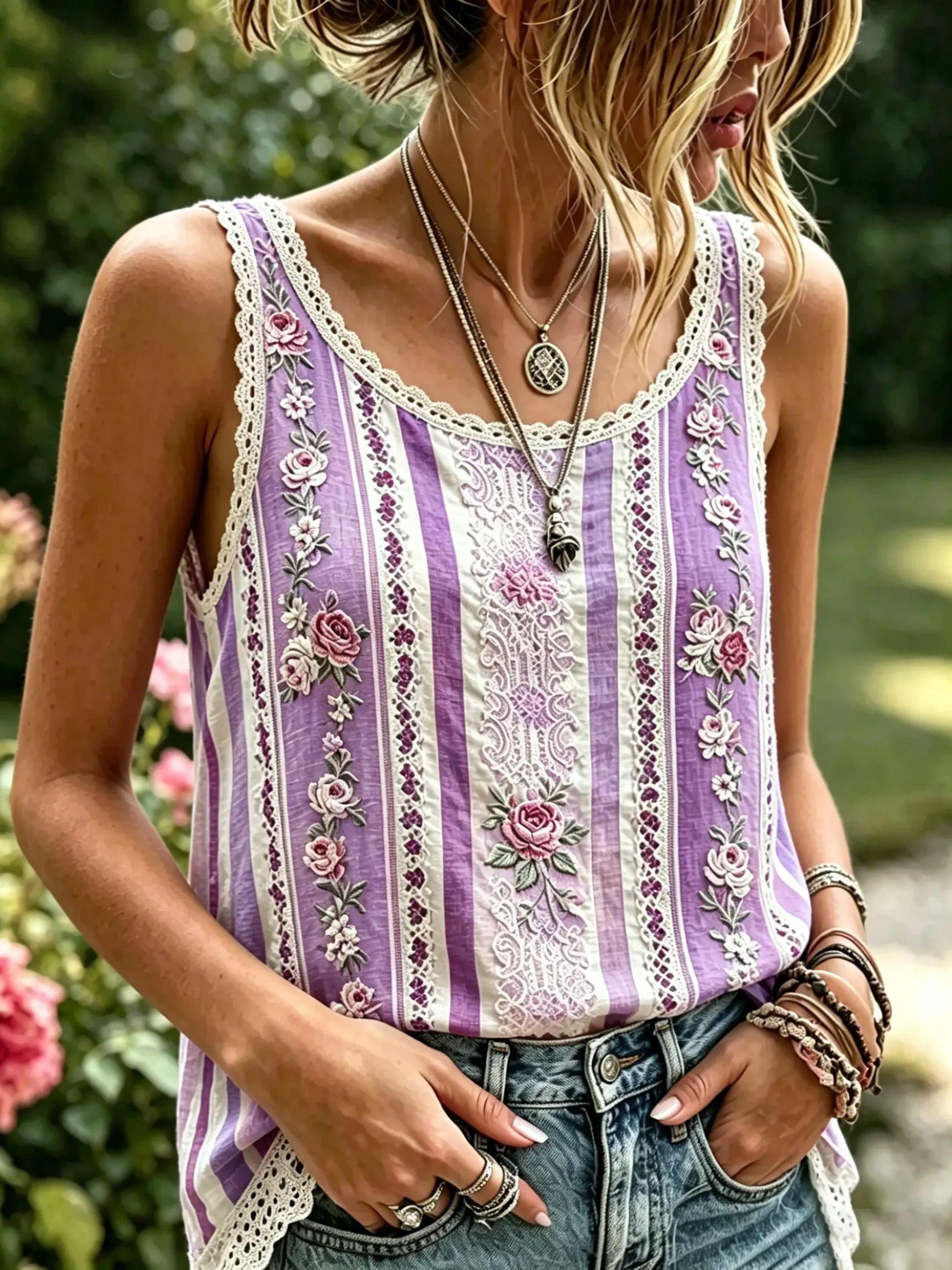 Women's Stripe Floral Print Cotton Lace Trim Sleeveless Tank Top