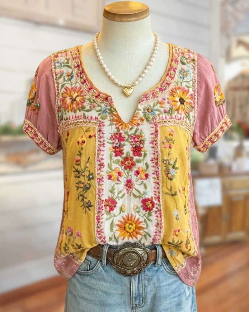 Floral Print Ethnic V Neck Blouse