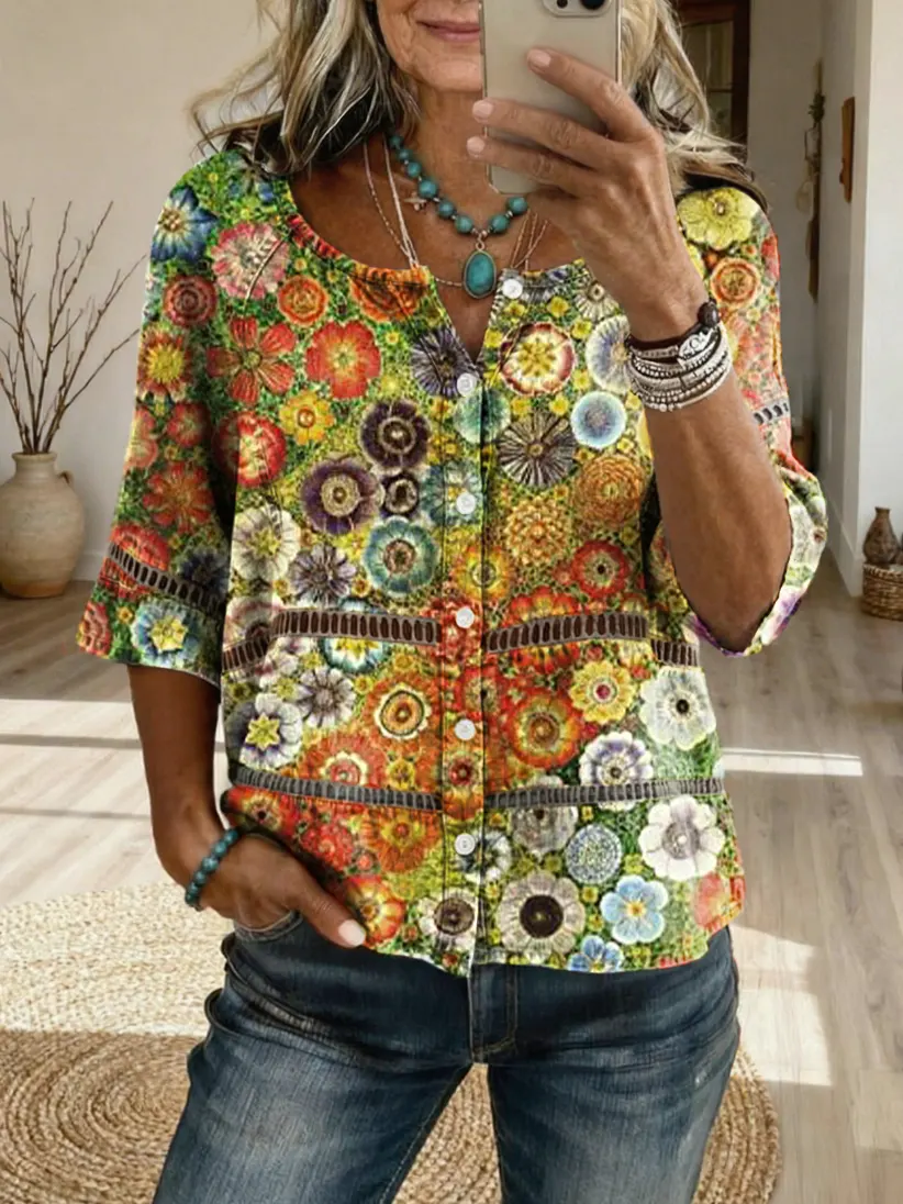 Women's Retro Bohemian Style Floral Art Print Casual Hollow-Out Top