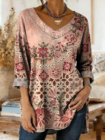 Women's Vintage Ethnic Pink Collage Floral Art Print Casual V-neck Long Sleeve Denim Shirt