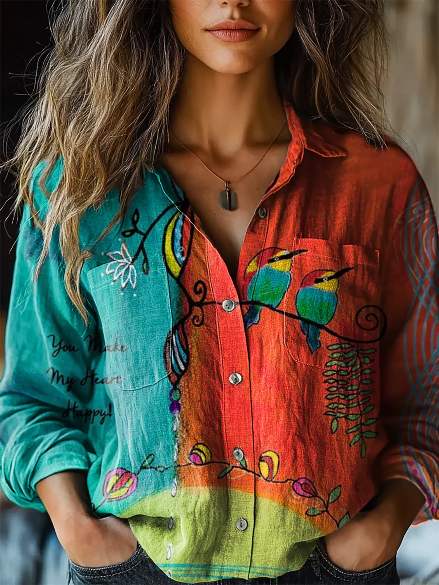 Women's Vintage Bird  Make Heart Happ Print Casual Long Sleeve Comfortable Cotton Shirt