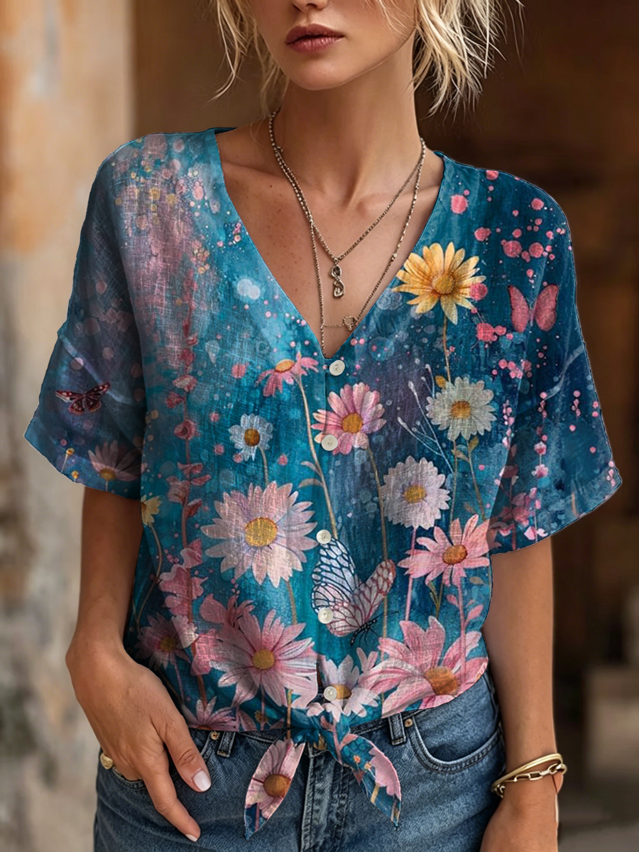 Women's Retro Floral Art Print Casual Short-sleeve V-neck Cotton Linen Cardigan Shirt