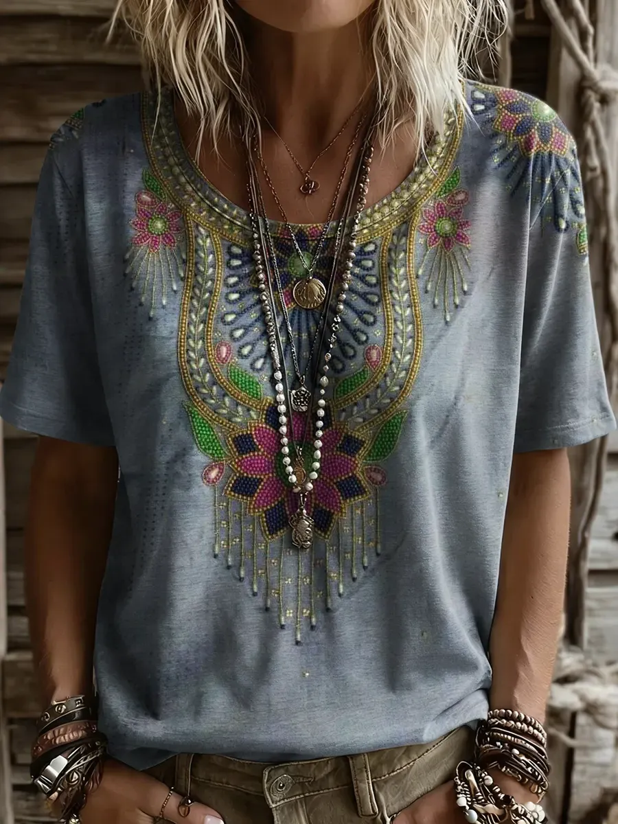Women's Retro Ethnic Floral Print Round-neck Short-sleeve T-shirt