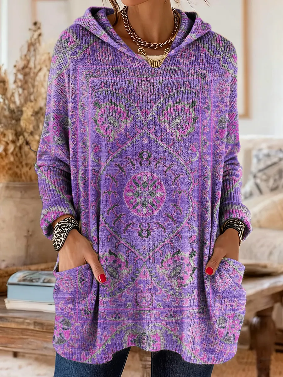 Women's Ethnic Totem Art Print Casual Knitted Pocket Hooded Tunic Top