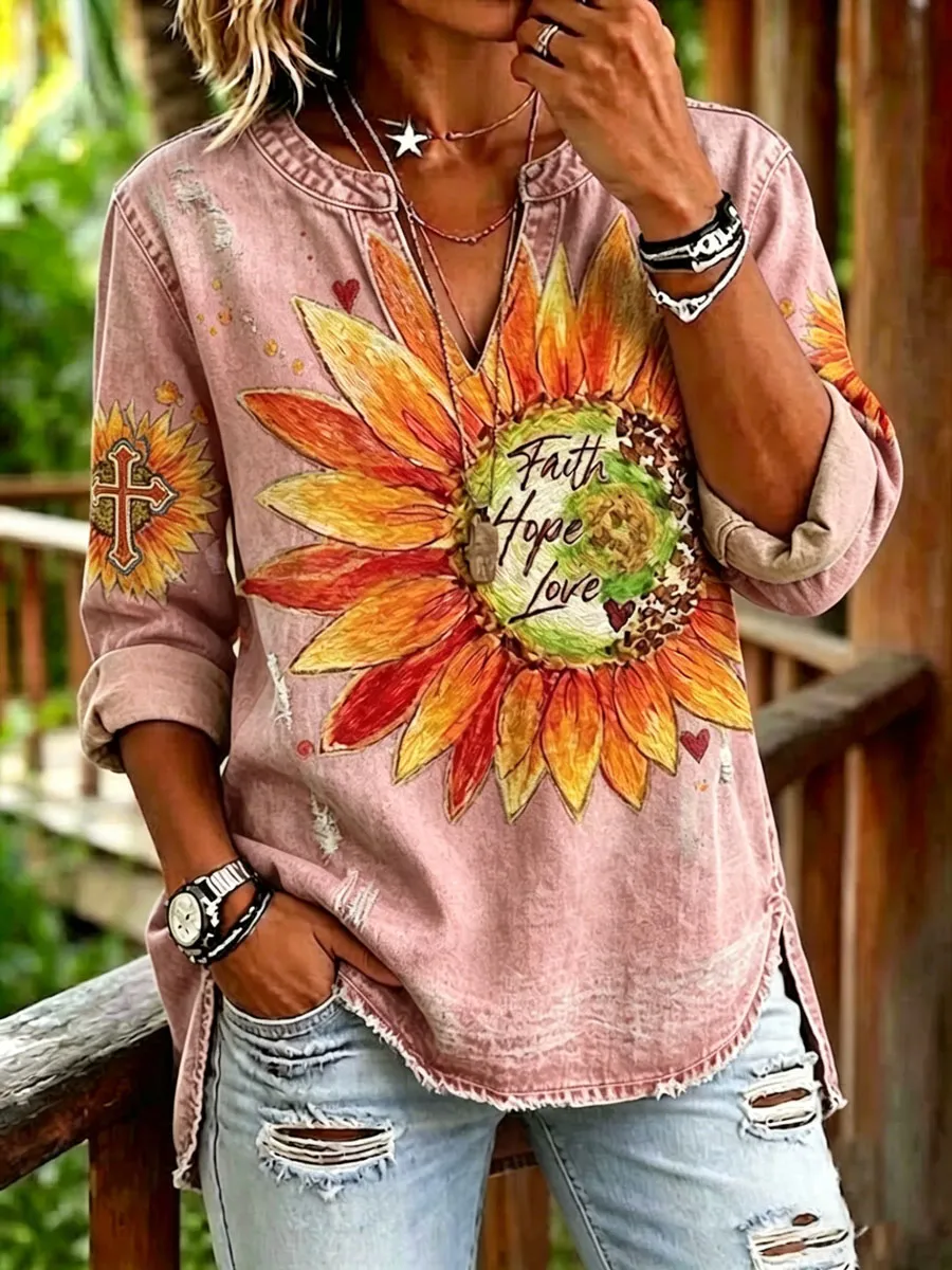 Women'S Casual Floral Faith Print Top