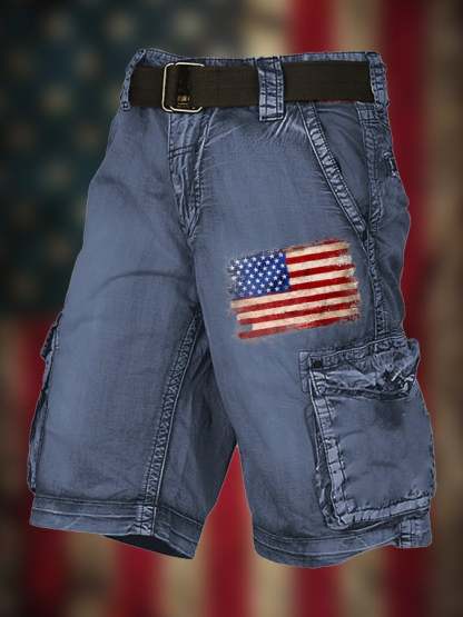 Men's Vintage Flag Independence Day Multi-Pocket Print Cargo Shorts (Belt Not Included)