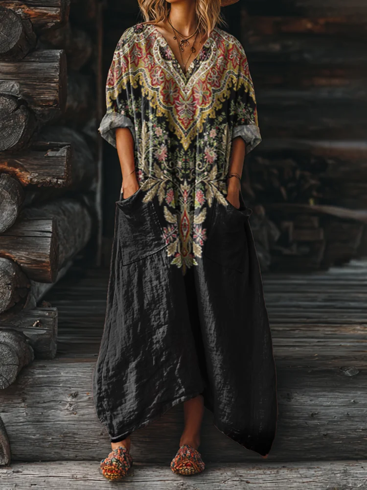 Women's Ethnic Totem Flowers Art Print Casual V Neck Pullover Sweater