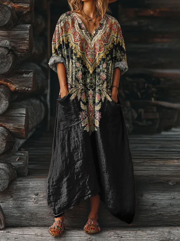 Women's Ethnic Totem Flowers Art Print Casual V Neck Pullover Sweater