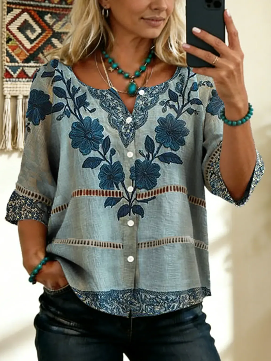 Women's Vintage Floral Art Print Tie-front Button-up Cotton-linen Blend Short-sleeve Shirt