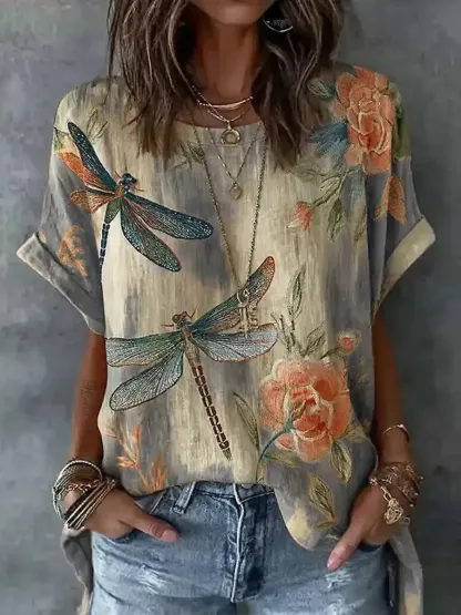 Women's Floral and Dragonfly Watercolor Print Linen Shirt