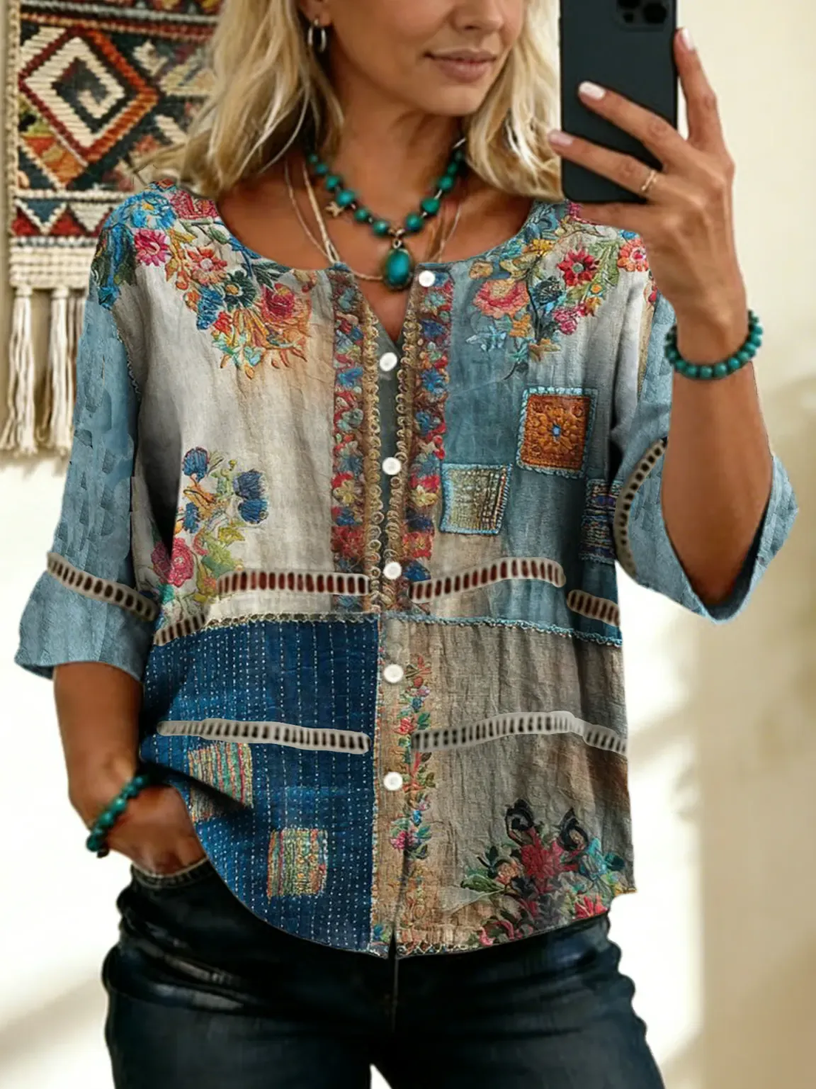 Women's Vintage Floral Art Print Tie-front Button-up Cotton-linen Blend Short-sleeve Shirt