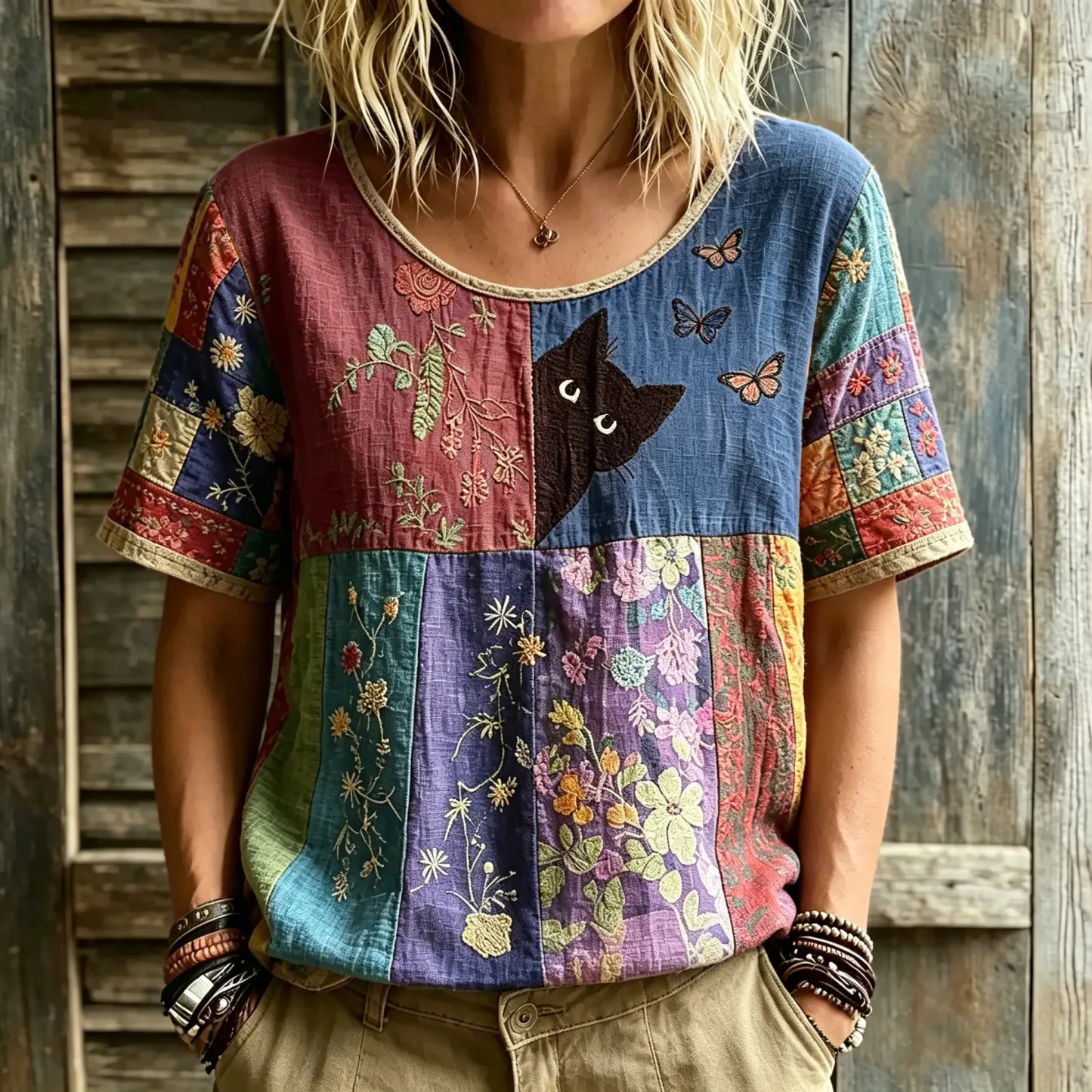 Women's Hippie Black Cat Art Embroidered Linen Blend Round Neck Tshirt
