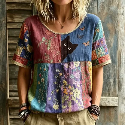 Women's Hippie Black Cat Art Embroidered Linen Blend Round Neck Tshirt