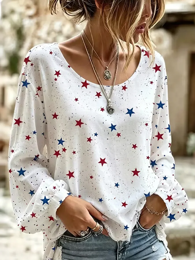 Women'S Retro Independence Day Star Printed Top
