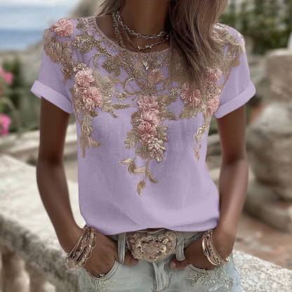 Women's Vintage Pink Rose Embroidery Art Round Neck Short Sleeve Linen Blend T-shirt